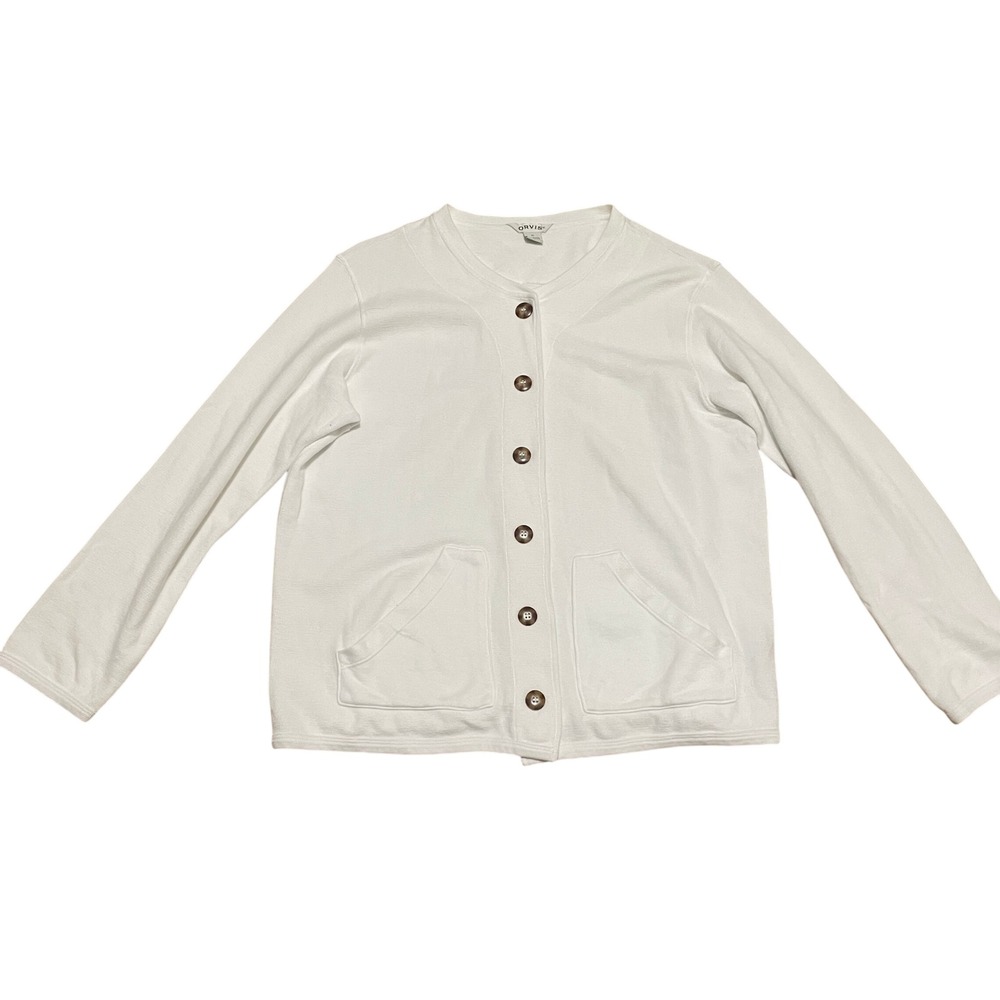 VTG Orvis Women's XL White Cotton Coastal Classic Cardigan Sweater Pockets USA